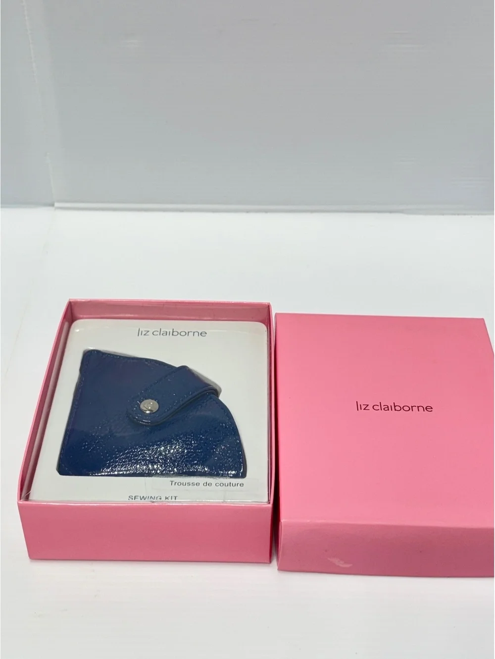 Liz Claiborne Compact Navy Blue Sewing Kit with Scissors, Tape Measure, and Pins